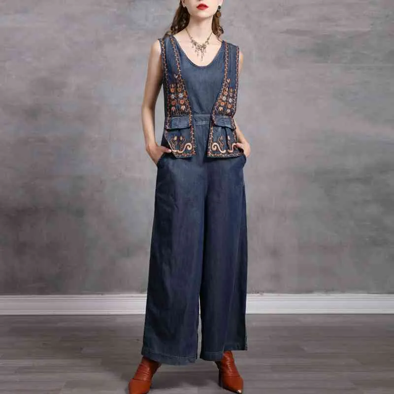 Simple Casual Vintage Embroidery Denim Jumpsuits for Women Summer Silm Wide Leg Rompers Fashion Elegant Woman Clothing 210525