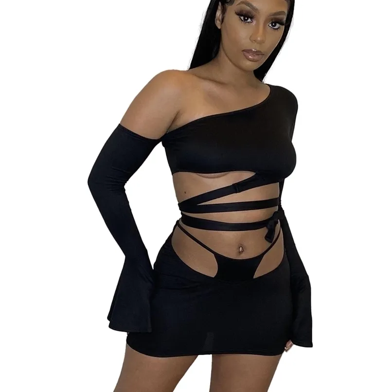 Two Piece Outfits Women Sets Skirts And Top Black Girl Evening Party Flare Long Sleeve Bandage Chic Sexy Dress 210525
