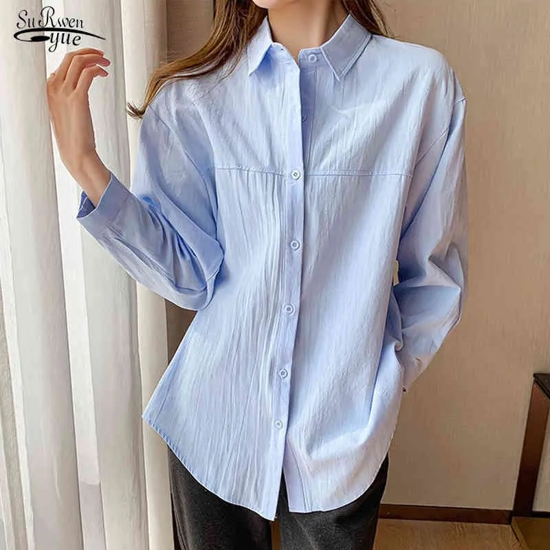 Tidig vår koreanska lösa kvinnor blus ol stil damer plus storlek solida cardigan skjortor blå blusar toppar blusas mujer 13114 210521
