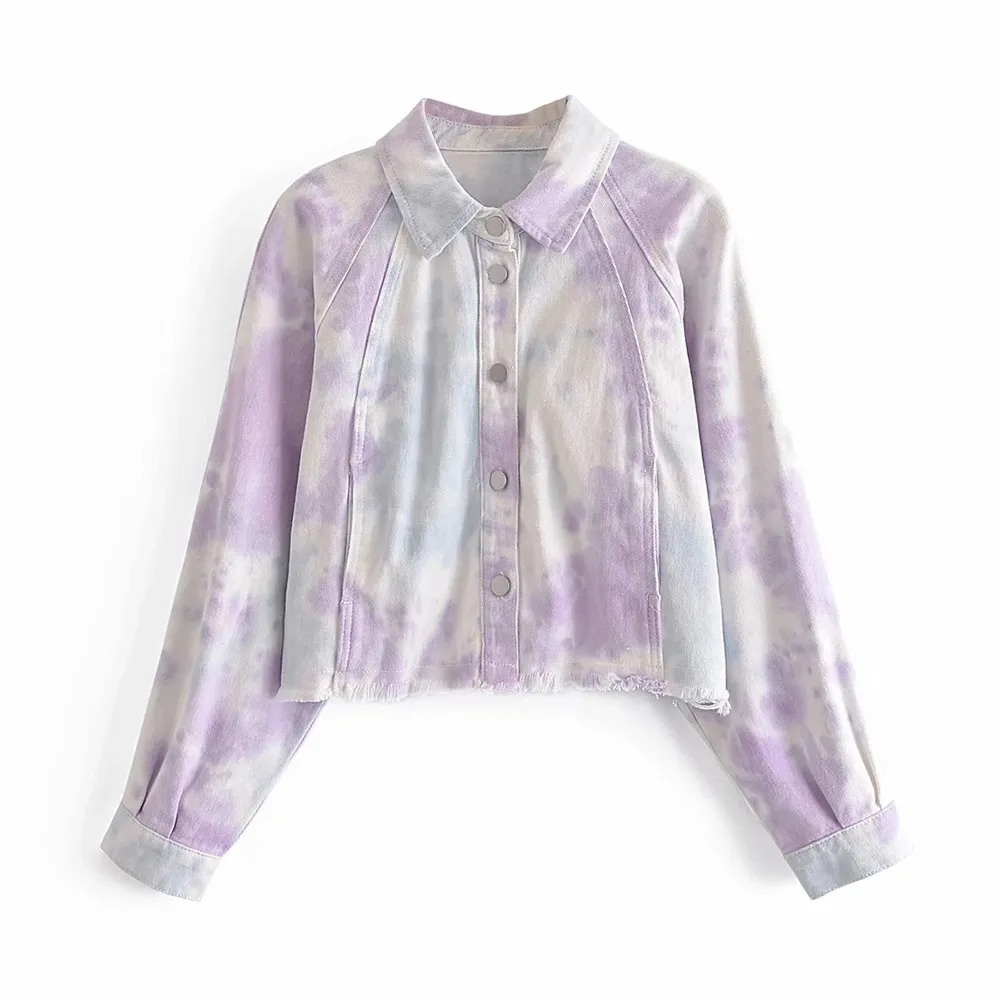 BBWM Mode Frauen Denim Lange Ärmel Revers BF Stil Jacke Frühling Elegante Tie-Dye Lila Pulver Lose Beiläufige Kurze jacken 210520