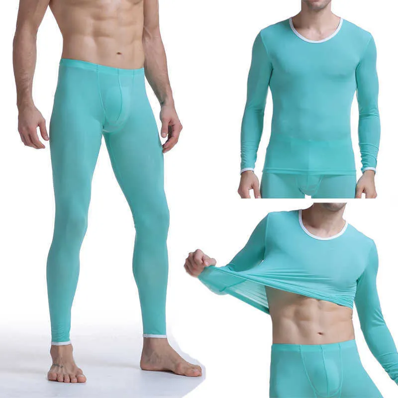 Men Sleep Suit Set Ice Silk Sheer Pants Sexy Pyjama Fitness Quick-drying Underwear Tights Male Sleepwear 211019