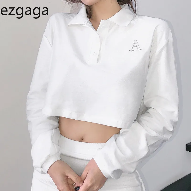 Ezgaga Casual Topy Kobiety Preppy Style List Haft Turn-Down Loose T Shirt Button White Tee Girl Y2K Top Fashion 210430