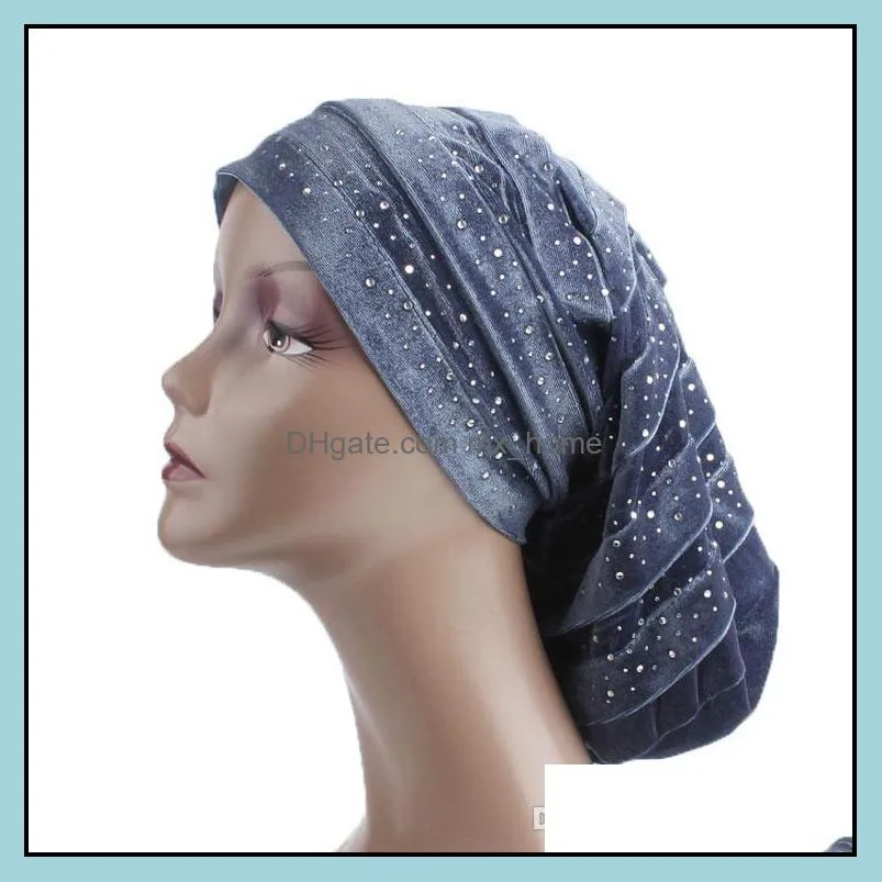 New fashion diamante velvet ruffle turban dreadlock sleeping cap Beany Slouch Cap Bandana Hair Loss Bonnet Tube cap 6 colors