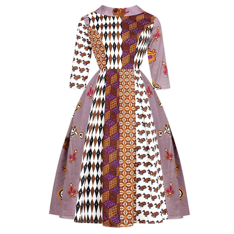 Patchwork Frau Kleid Drucken African Dashiki Casual Frauen Kleider Ethnische Böhmischen Vintage Hohe Taille Zurück V-ausschnitt Frauen Rock 210524