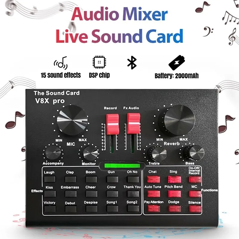 V8X Pro Live Sound Card Audio Mixer Bluetooth 15 Meerdere modi Geluidseffecten voor computertelefoons zingen en opnemen