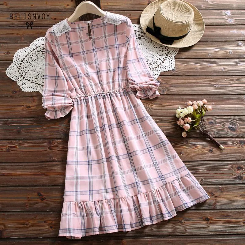 Japanese Mori Girl Vintage Plaid Mini Dress for Women with Bow Lace Collar  and Long Kimono Sleeves, 100% Cotton, Pink from Dhgate Basic & Casual  Dresses - price 43.5