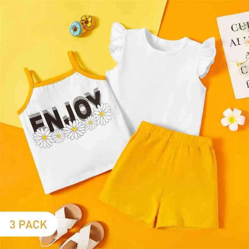 Sommar 3-pack Baby Girl Daisy Solid Top Tee och Shorts Set för 2-6Y Toddler Cotton Sets Kläder 210528