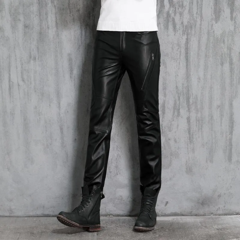 Męskie spodnie prawdziwej skóry jakości czarny motocykl Pierwsza warstwa męskiej osoby owczej