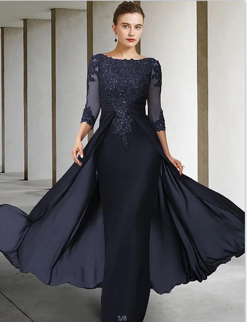 Long Sleeve Chiffon Mother Of The Groom Dresses Plus Size O Neck Formal Lace Evening Wedding Party Prom Guests Gowns