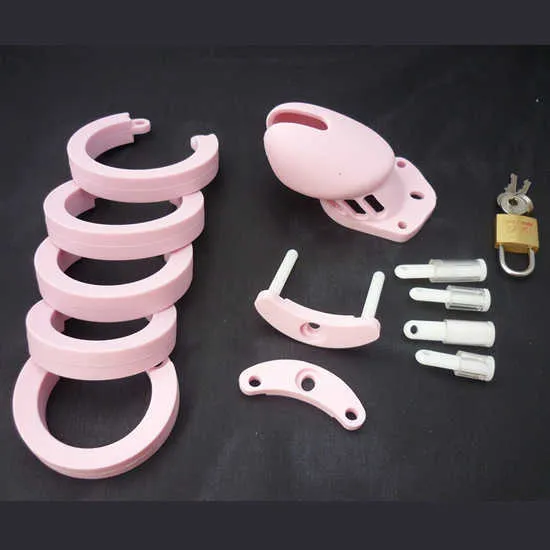 Happygo, Male Pink Silicone Chastity Device Cock Cages Virginity Lock 5 Pénis Anneau Adult Sex Toys 603-PNK Y201118