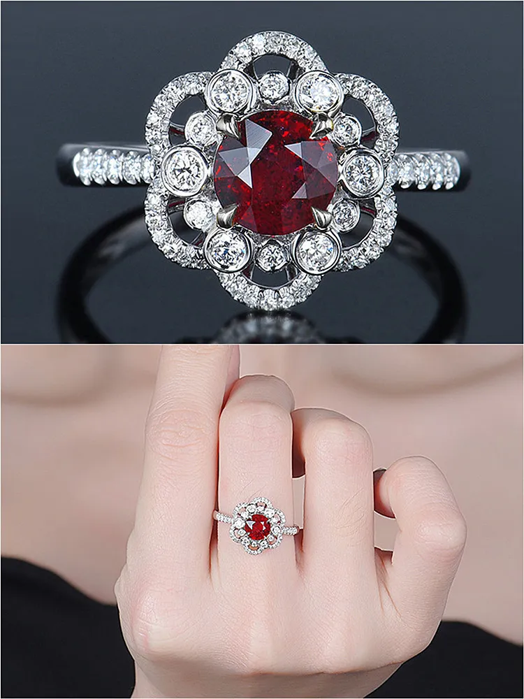 Mode chic fleur rouge cristal rubis pierres précieuses diamants bagues pour femmes or blanc couleur argent bague bijoux bijoux cadeaux de fête