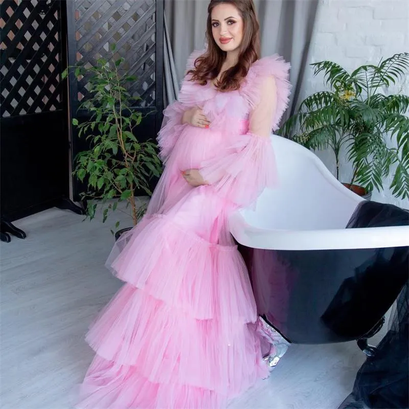 2022 Rosa Gravid Kvinnors Prom Klänningar Långärmade Moderskapsklädnader för fotografering Ruffles Eleganta kvällsklänningar