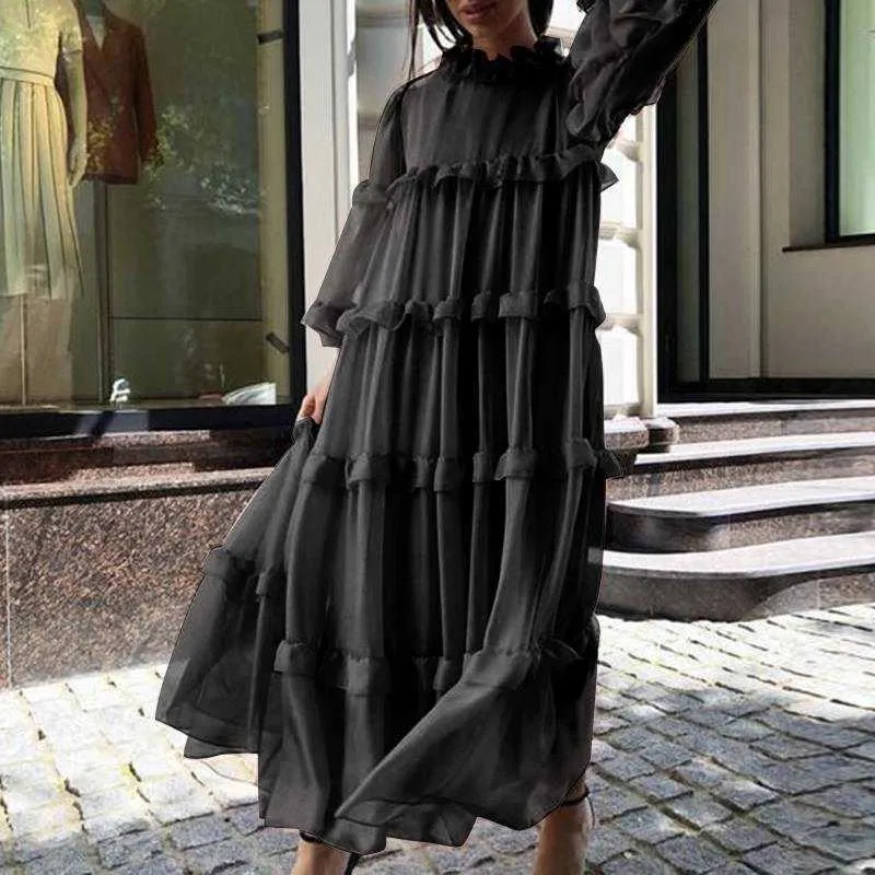 Women Long Maxi DrVONDA Casual Solid Flare Sleeve Loose O Neck Pleated Long Sleeve Dresses Bohemian Vestidos Plus Size Robe X0529