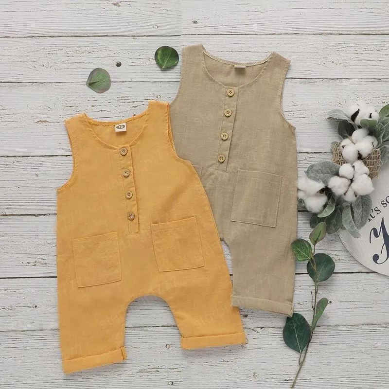 Kids Rompertjes Meisjes Jongens Effen Kleur Romper Zuigeling Peuter Katoen Linnen Mouwloze Jumpsuits 2021 Zomer Mode Boutique Baby Klimmen Kleding