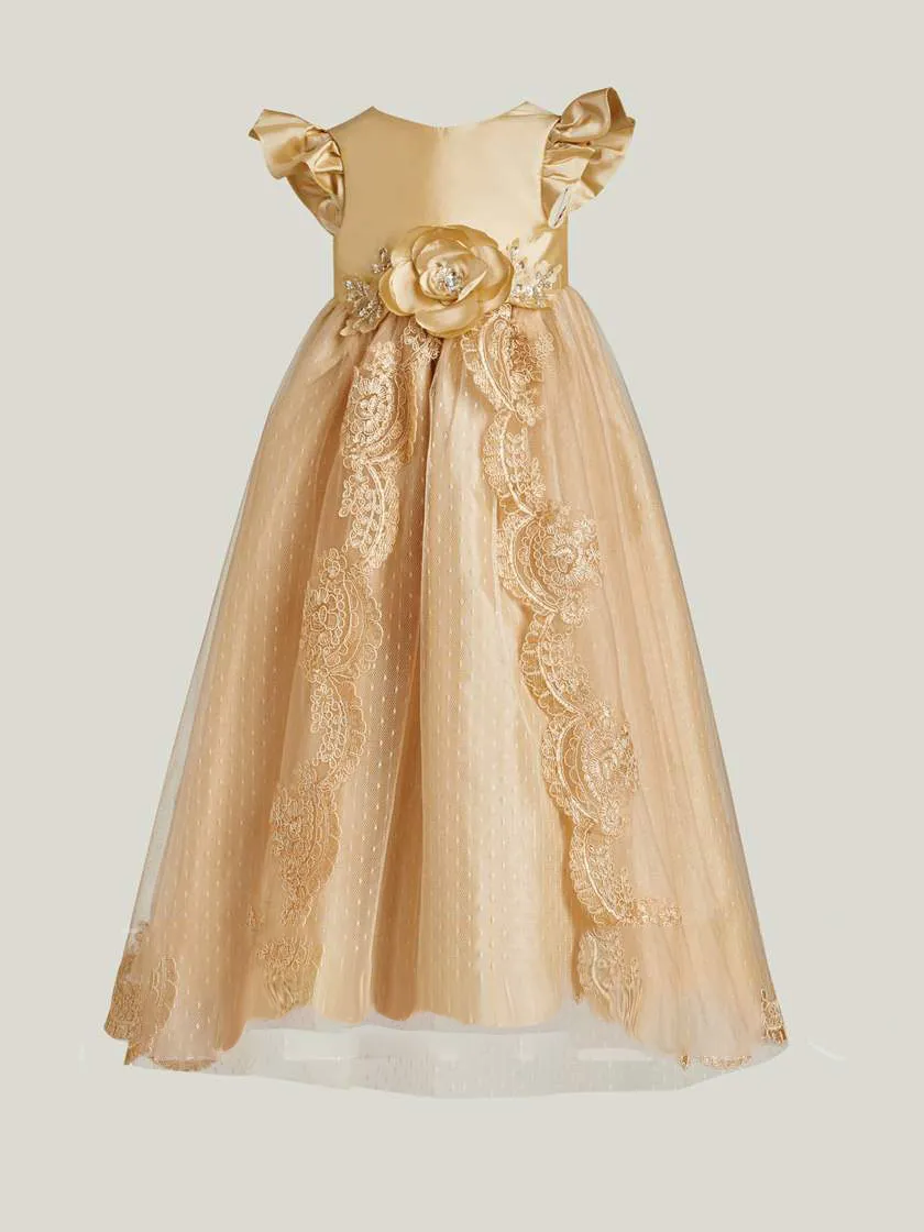 Short Sleeve Communion Dress and Veil with 3D Flowers, Lace Applique, Beads, and Bonnet for Baby Baptism Short Sleeve Communion Dress and Veil with 3D Flowers, Lace Applique, Beads, and Bonnet for Baby Baptism