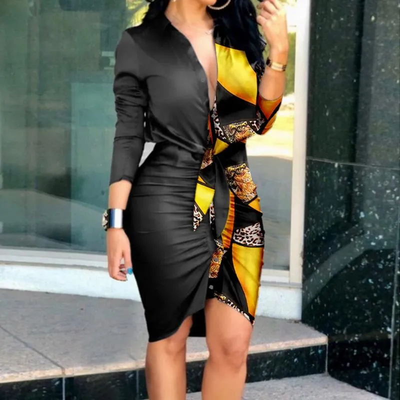 Casual Dresses Women Elegant Patchwork Leopard Party Dress 2021 Summer Sexy V-Neck Bodycon Midi Ladies Long Sleeve Pleated