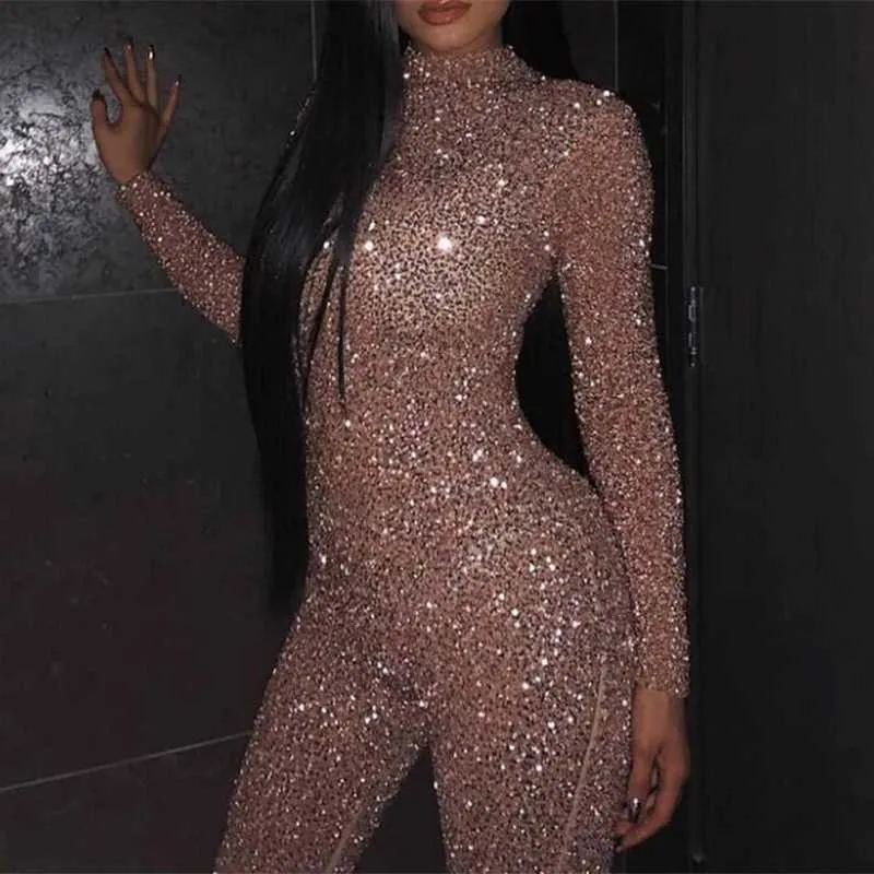 Women's Style Skinny Jumpsuit Long Sleeve Bronzing Sequins Glitter Solid Color Sexy Round Collar Ladies Party Rompers T200509