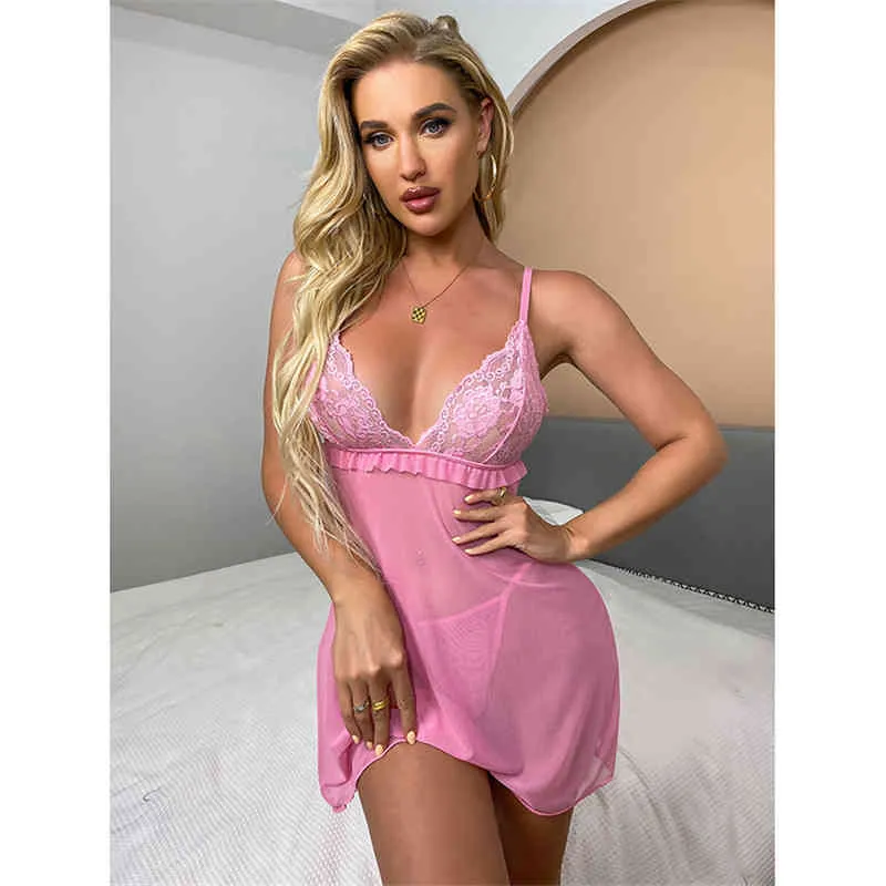 Nouveau rose profond V voir à travers la sangle de dentelle sexy femmes lingerie pyjamas dames matures vêtements de nuit nue chemise de nuit 211208