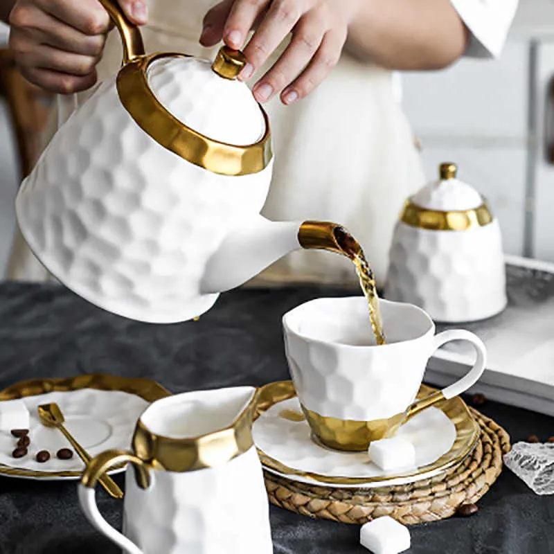 Juego de platillos y tazas de café para la tarde, tetera de hueso de China, tetera de leche con borde dorado, tarro de cerámica para dulces de alta calidad para el hogar