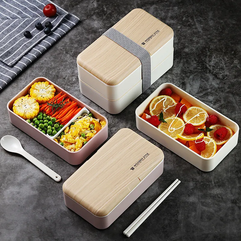 Caja de almuerzo de doble capa 1200 ml de ensalada de madera cajas bento contenedor portátil de microondas para trabajadores estudiante YFAX3094