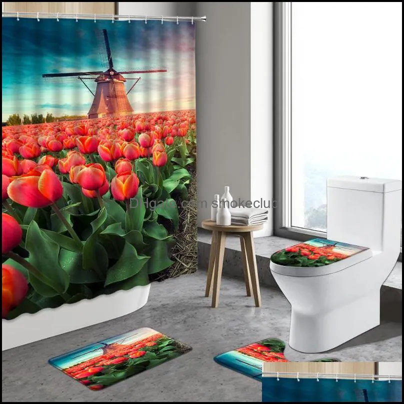 Shower Curtains Rural Plant Garden Flowers Curtain Colorful Floral Rose Sunflower Bathroom Decor Toilet Rugs Indoor Bath Mats