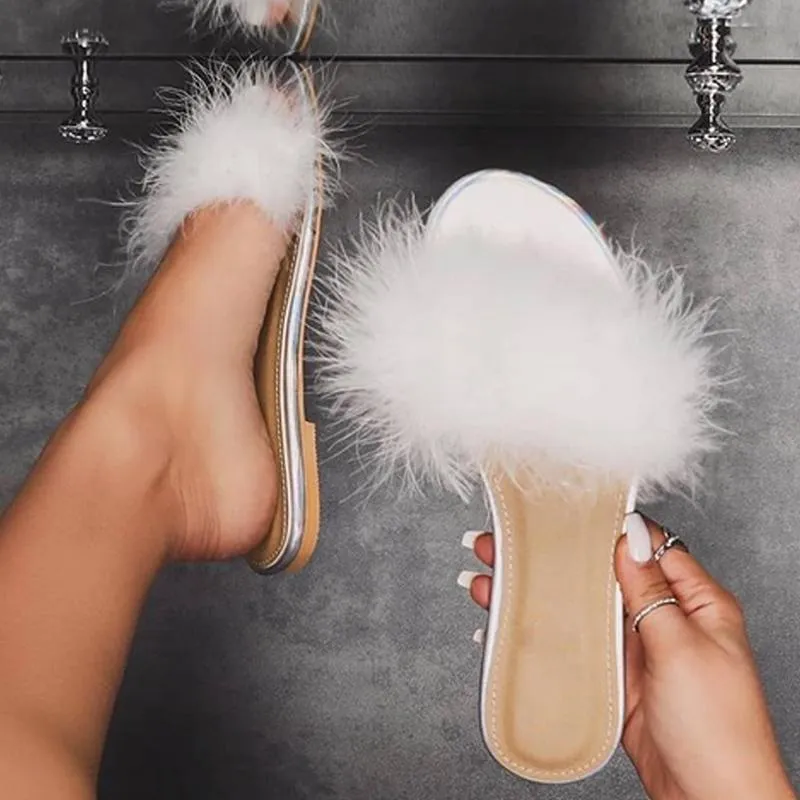 Kapcie damskie 2021 modne płaskie buty damskie letnie odkryte slajdy białe piórko futrzane damskie Plus rozmiar 42 strona główna