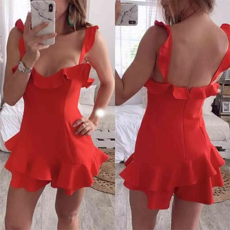 OMSJ Kadın Tatil Seksi Kolsuz Backless Fırfır Elbise Plaj Akşam Parti Mini Springsummer Bayanlar Beachwear 210517