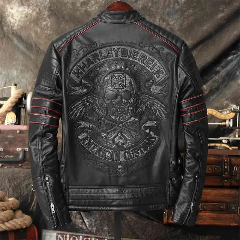 Embroidery Skull Motorcycle genuine Leather Jackets Natural Cowhide Moto Biker Coat Men's Spring and Autumn Clothing