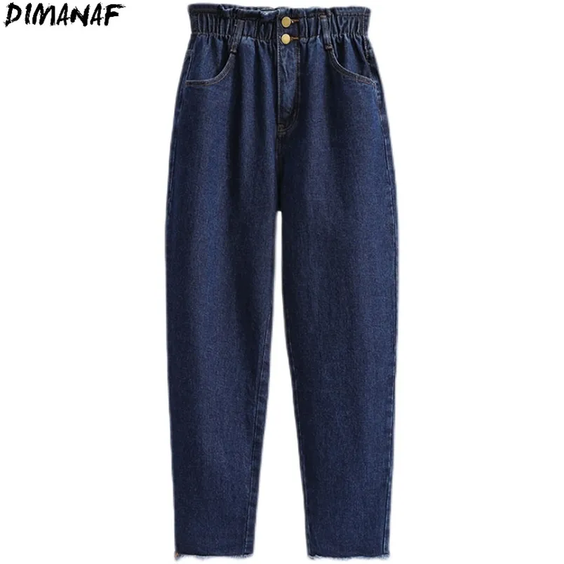 Dimanaf Plus Size Women Jeans byxor Hög midja Denim Harem Kvinna Elastiska Rippade Fickor Blå Byxor Stor S-5XL 210708