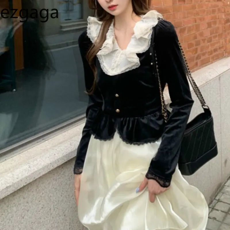 EZGAGA кружева лоскутное платье платье женщины Vintage V-образным вырезом с длинным рукавом зимняя весенняя мода фальшивая два элегантное платье тонкий талии Vestidos 210430