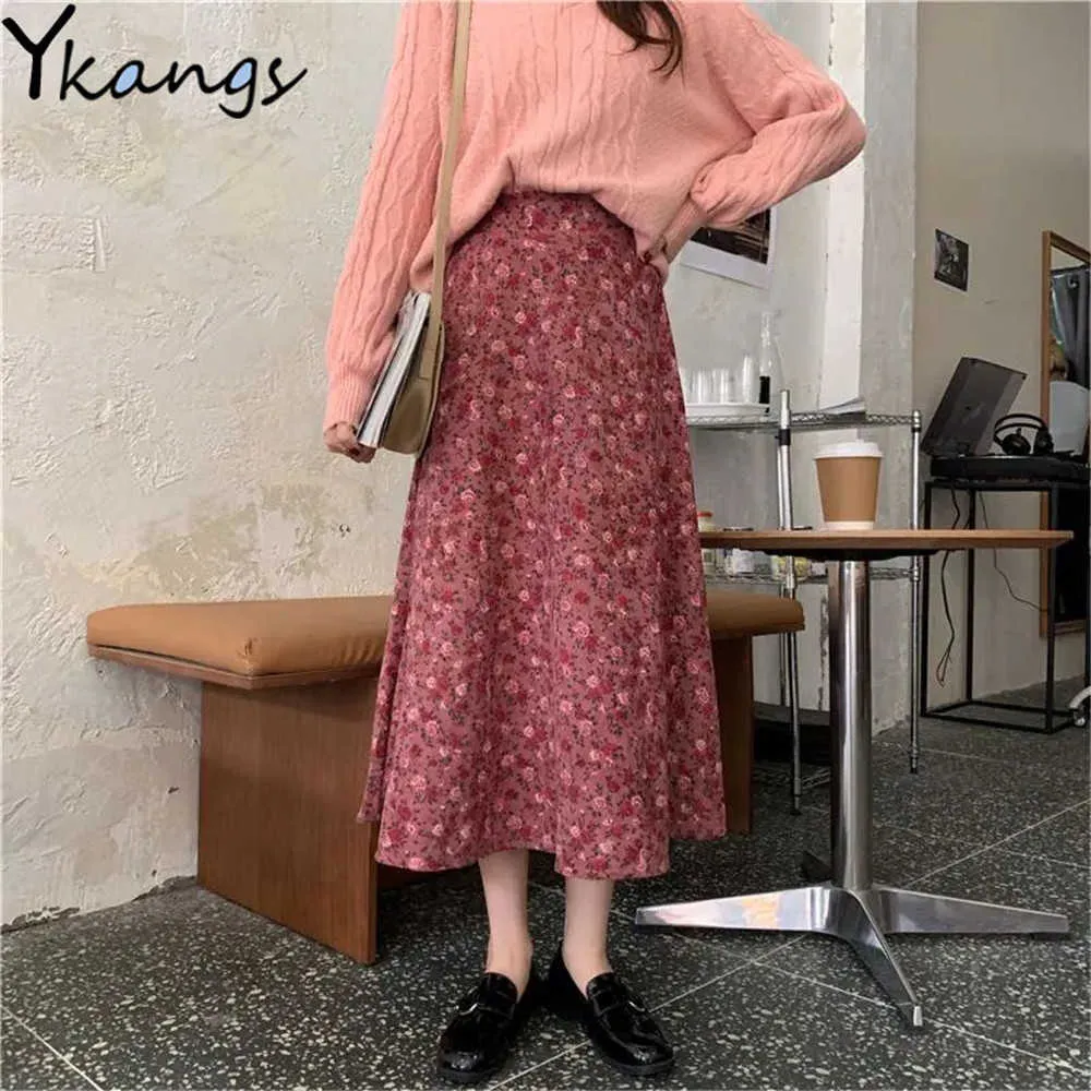 Vintage Corduroy Floral Long Skirt Women Japanese High Waist Midi Pleated Skirt Korean Style Female Pleated Maxi Skirts 210619