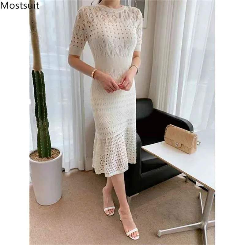 Lato Elegancka Długa Dress Set Sukienka z krótkim rękawem Hollow Out Spaghetti Bodycon Sukienki Ustawia Koreański Robe Femme 210513