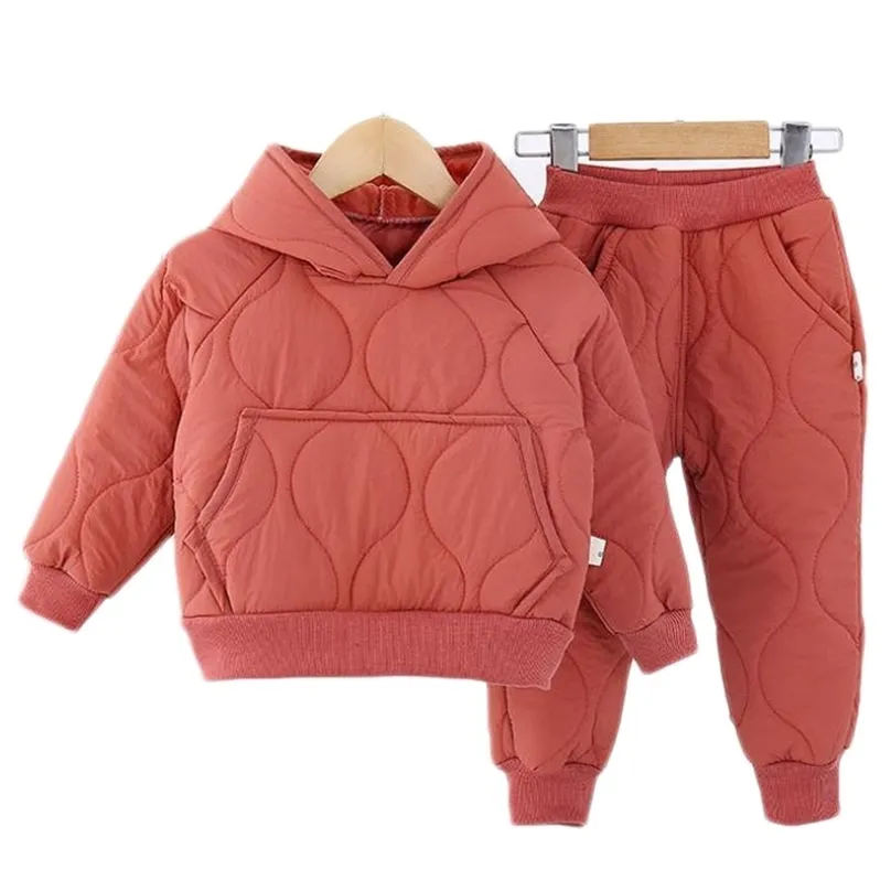 Jesień Winter Girls Suit Plus Velvet Dwukierki Zestaw Chłopak Trendy Dzieci Bawełniane Płaszcze Z Kapturem i Spodnie Odzież dziecięca1-6y 211025