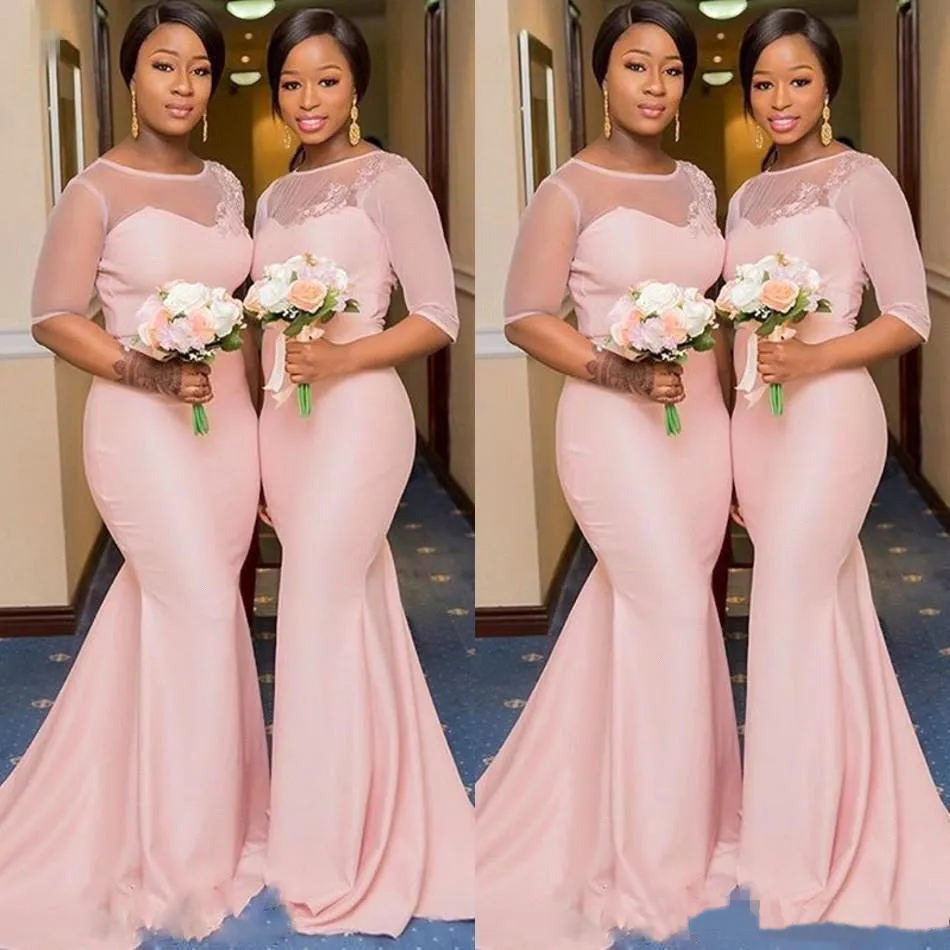 Blush Pink African Nigerian Mermaid Bridesmaid Dresses With Sleeve 2021 Sheer Lace Neck Plus Size Maid of Honor Wedding Guest Gown