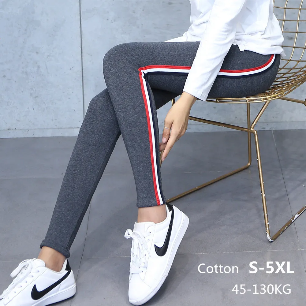 Hoge Kwaliteit Katoen Leggings Side Stripes Dames Casual Legging Pant Plus Size 5XL Hoge Taille Fitness Leggins Mollige Vrouwelijke XL