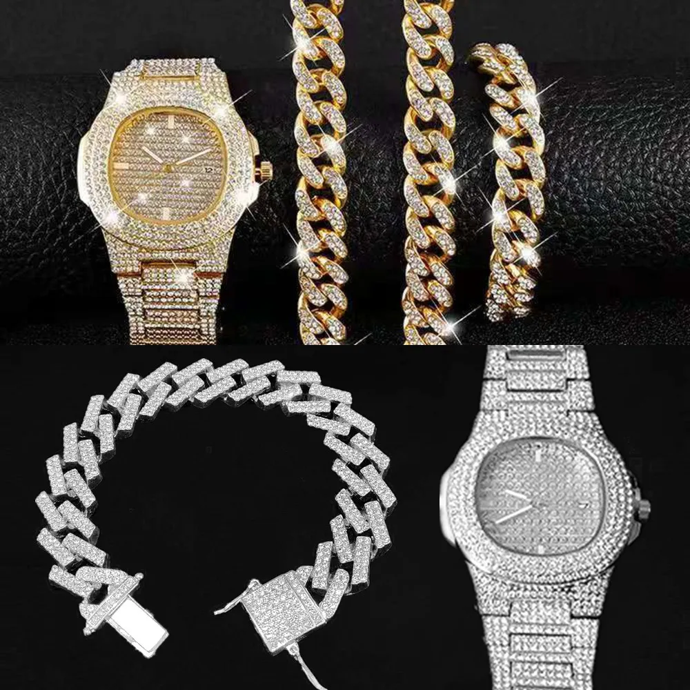 Hyperbole Rock Hiphop Miami Curb Cubaanse Ketting Goud Iced Out Verharde Rhinestones CZ Bling Rapper voor Mannen Mode Horloge Ketting Gift X0509