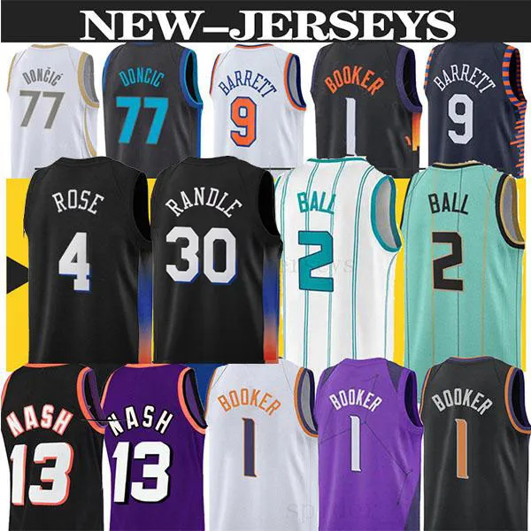 Julius 30 Randle LaMelo 2 Ball 77 Doncic 9 Barrett Ewing 33 basketbal Jersey Devin 1 Booker Steve 13 Nash Nieuwe blauw witte mannen basketbal jerseys top