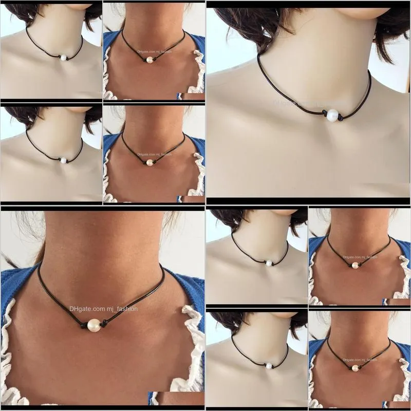  shipping simple dark brown genuine leather  water pearl choker high quality necklace, new sweet 0781