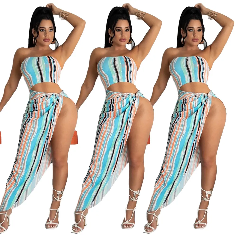 Women's Outdoor Clothing European And American New Sexy Strapless Dress Color Print Fashion High QualityTwo-Piece Set
