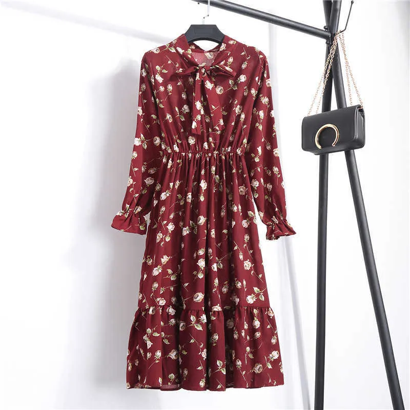 Höst kvinnor klänning för kvinnlig långärmad röd svart blommig polka dot vintage chiffon skjorta avslappnad vinter midi es 210526