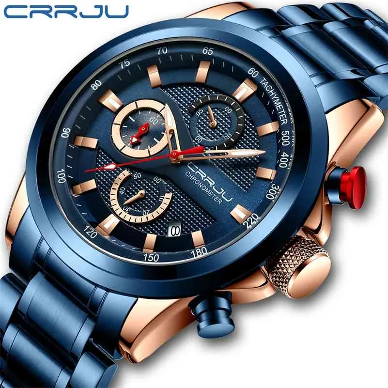 Mężczyźni zegarki CrRju zegarki ze stali nierdzewnej dla męskie moda chronograf kalendarz zegar zegarki kwarcowe Reloj hombre 210517