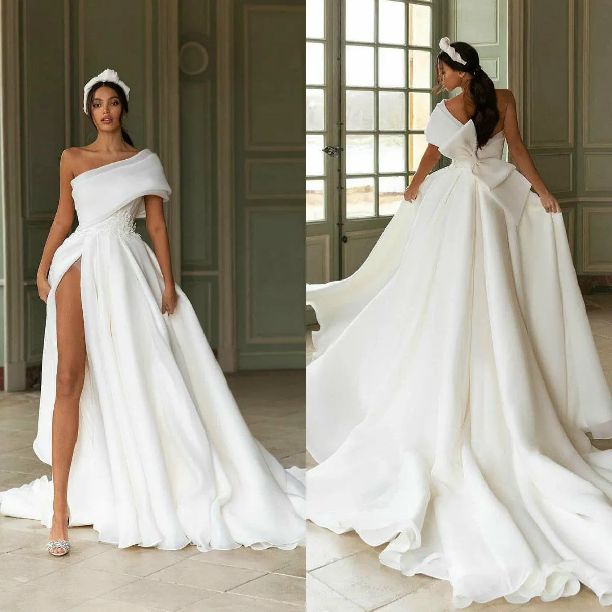 Abiti da sposa con spacco alto Big Bow Appliqued 2021 White A Line Beach Abito da sposa monospalla Custom Made Raso increspato Abiti lunghi De Mari￩e