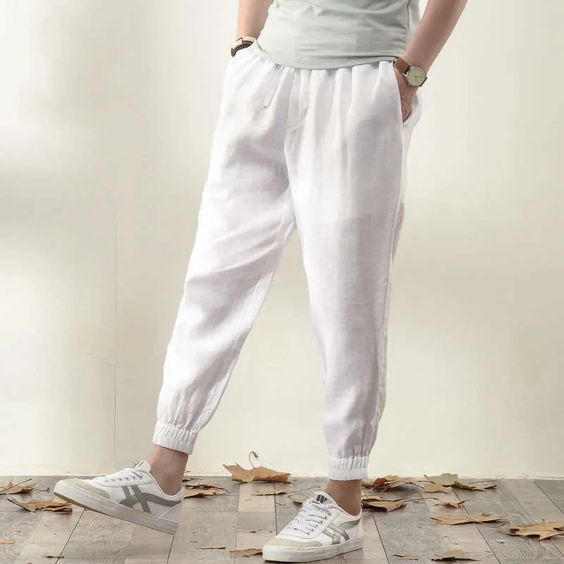 Casual Pants Men's Fashion Cotton Linen Hip Hop Ankle-Length Men Harem Pants Elastic Waist Loose Jogger Trousers Male X0723