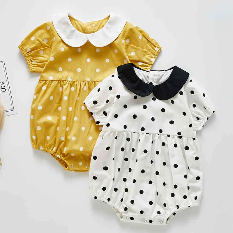 Mönster sommar baby romer tjej ren bomull kostym söt polka dots kortärmad ha yi jumpsuit utgående kläder 210429