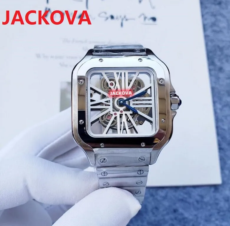 Quadratische Designer-Stoppuhr mit voller Funktion, 38 mm, massiver feiner Edelstahl, Quarzbatterie, Iced Out, klassische, großzügige, hohle, transparente Uhren, Reloj De Hombre