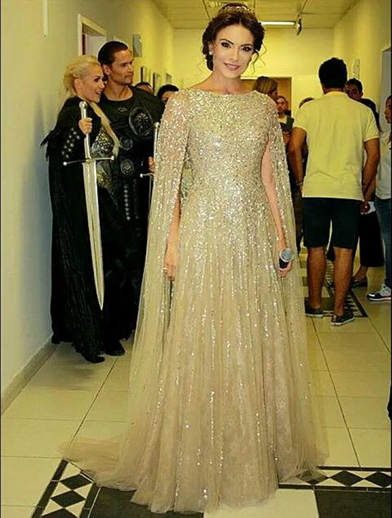 Arabe Dubaï Sparkly Longues Robes De Soirée Formelles Une Ligne Paillettes Perles Cape Manches Robes D'occasion Spéciale Brillant Paillettes Robe De Bal Femmes Pageant Porter