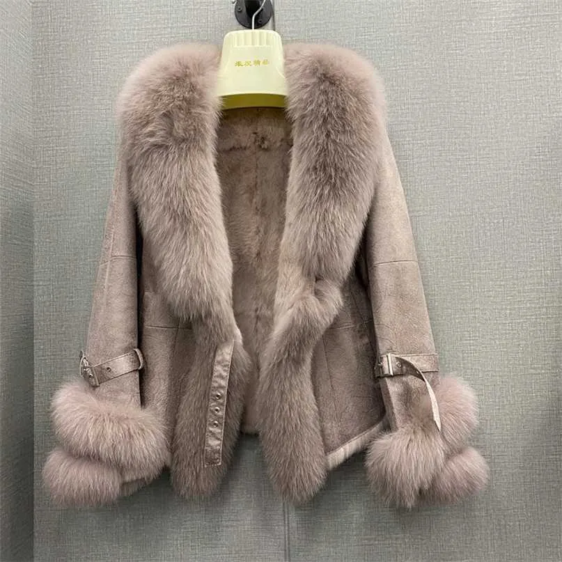Winter Echtpelz Mantel Echtes Kaninchen Haut Leder Und Pelz Jacken Mit Natürlichen Pelz Kragen Damen Outwear Oversize 211018