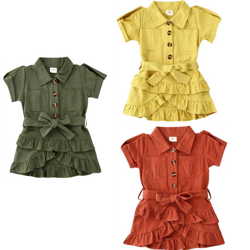 Citgeett Lato 2-7y Kid Baby Girls Dress Solid Short Rękaw Ruffles Mini Dress + Pas Q0716