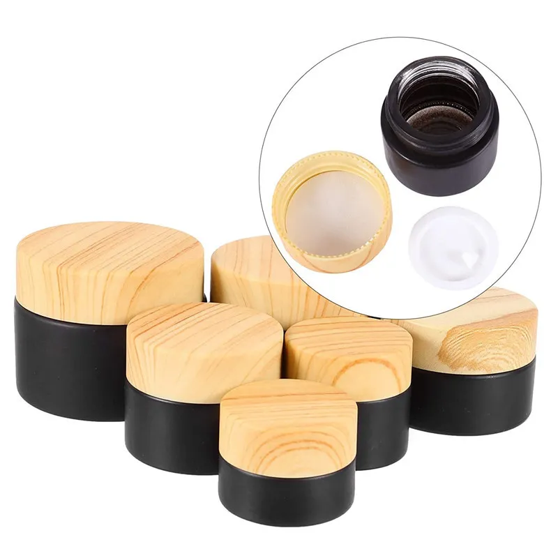 5g 10g 15g 20g 30g 50g Black Frosted Glass Jars Refillable Cosmetic Bottle Empty Cream Container Package with Imitated Wood Grain Plastic Lids