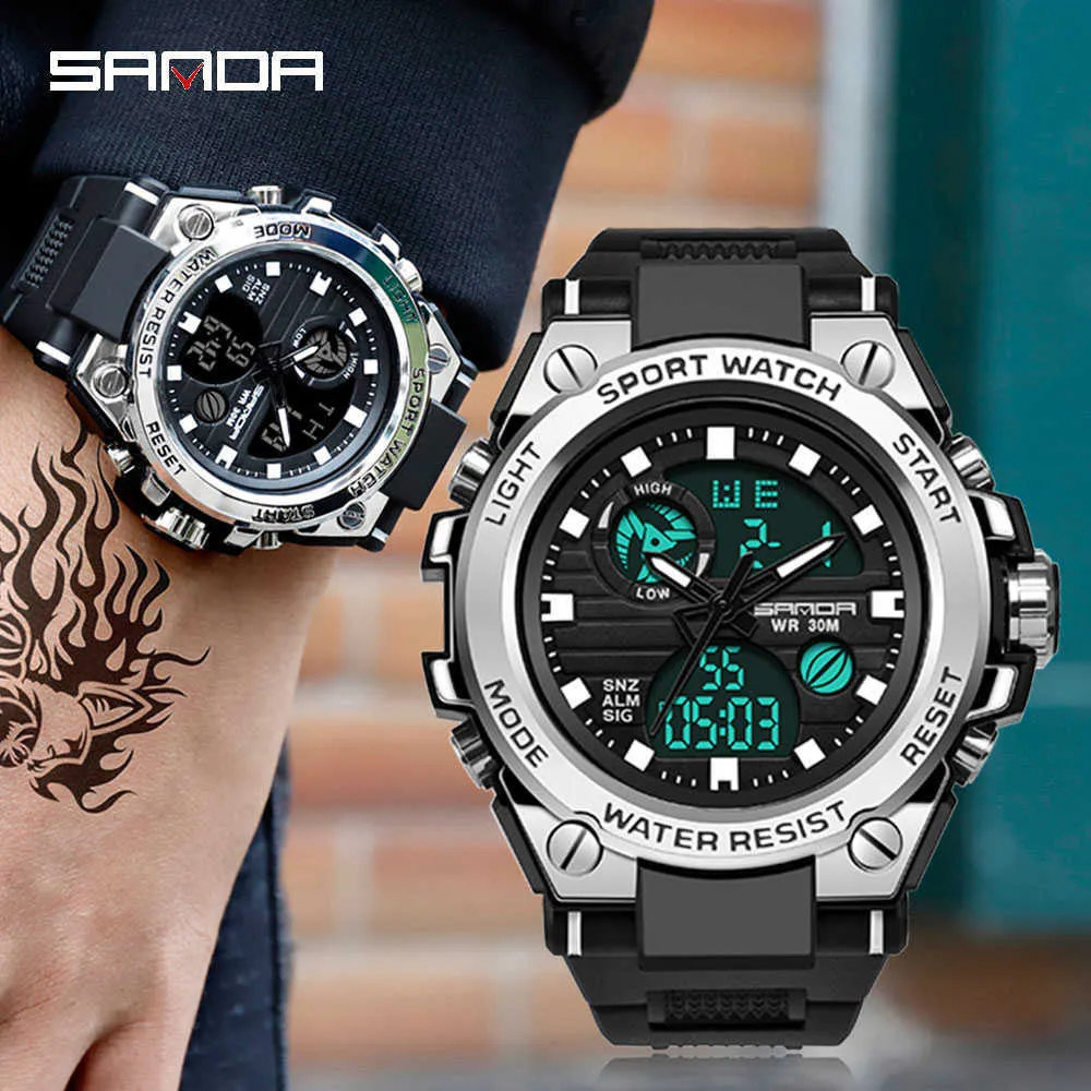 Sanda Marka Style Mężczyźni Zegarek Cyfrowy Szok Wojskowy Zegarki Sportowe Moda Wodoodporny Elektroniczny Wristwatch Mens Relogios 210527